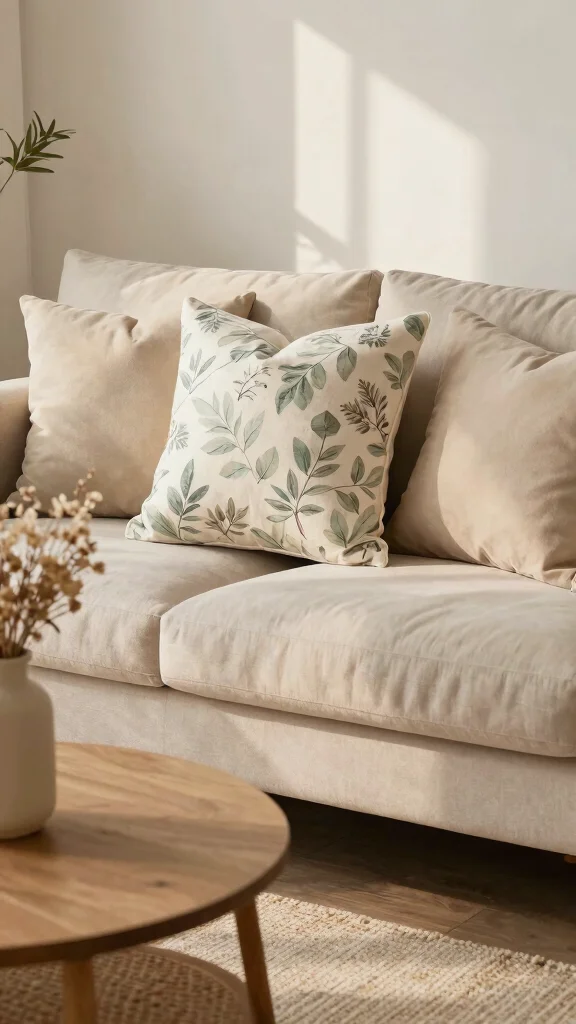 10 Beige Couch Pillow Ideas for a Neutral and Cozy Living Room Style - 2. Nature-Inspired Prints 1