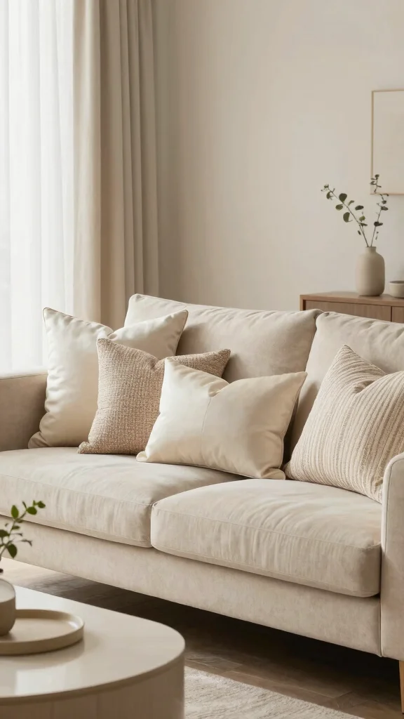 10 Beige Couch Pillow Ideas for a Neutral and Cozy Living Room Style - 3. Monochromatic Bliss 1