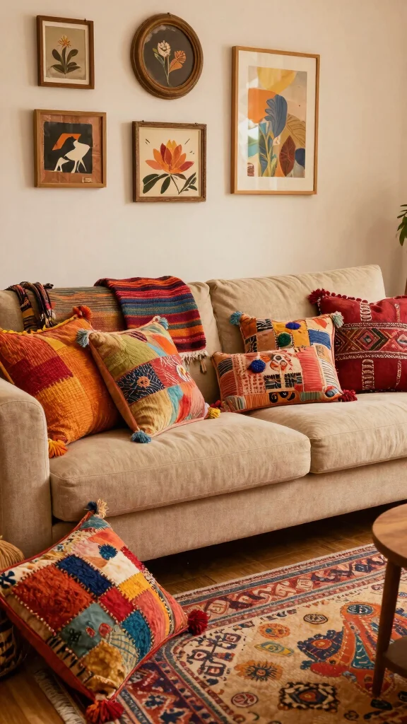 10 Beige Couch Pillow Ideas for a Neutral and Cozy Living Room Style - 4. Bohemian Patchwork 1