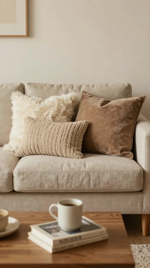 10 Beige Couch Pillow Ideas for a Neutral and Cozy Living Room Style - 6. Layered Textures 1