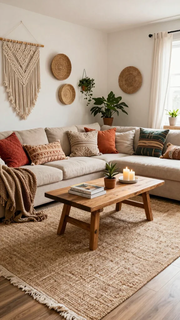 10 Brown Rug Living Room Ideas for a Warm and Grounded Interior - 1. Bohemian Bliss with Layered Textures 1