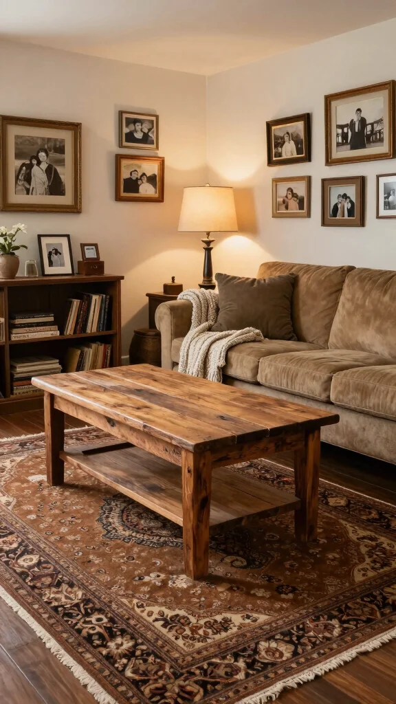 10 Brown Rug Living Room Ideas for a Warm and Grounded Interior - 3. Rustic Elegance with Vintage Accents 1