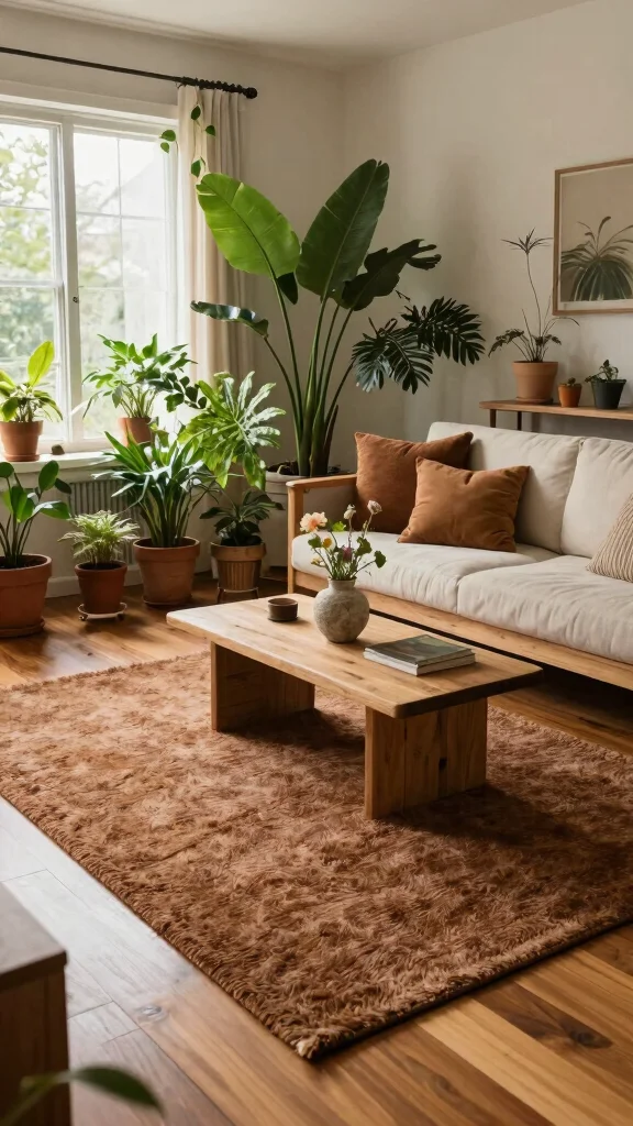 10 Brown Rug Living Room Ideas for a Warm and Grounded Interior - 4. Nature-Inspired with Earthy Elements 1