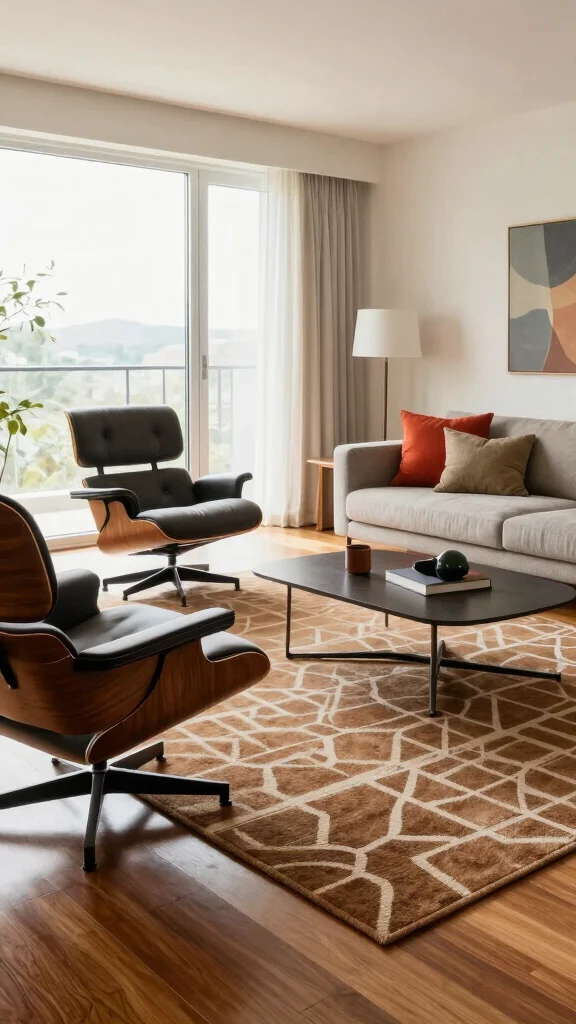 10 Brown Rug Living Room Ideas for a Warm and Grounded Interior - 5. Mid-Century Modern with a Twist 1
