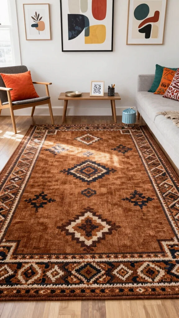 10 Brown Rug Living Room Ideas for a Warm and Grounded Interior - 9. Artistic Expression with Unique Patterns 1