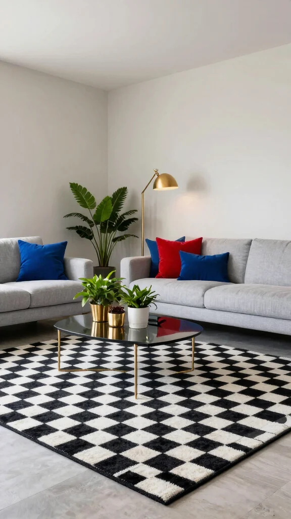 10 Checkered Rug Living Room Ideas for a Playful and Modern Statement - 1. Bold Black and White Contrast 1
