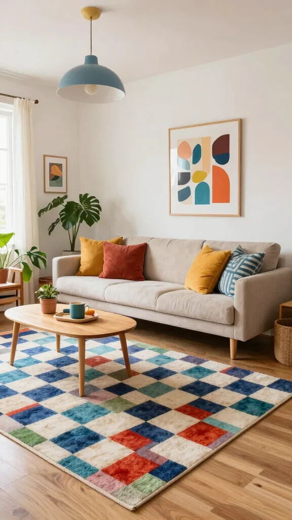 10 Checkered Rug Living Room Ideas for a Playful and Modern Statement - 2. Colorful Checkered Patterns 1