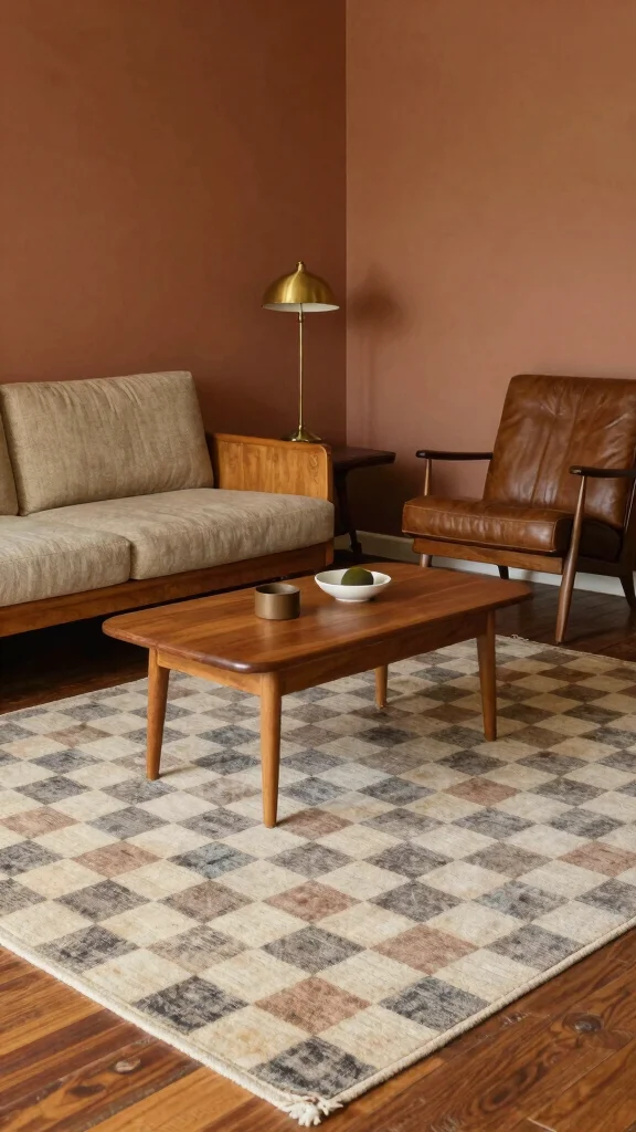 10 Checkered Rug Living Room Ideas for a Playful and Modern Statement - 3. Vintage Vibes with a Modern Twist 1