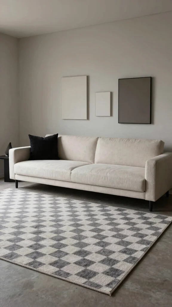 10 Checkered Rug Living Room Ideas for a Playful and Modern Statement - 4. Monochromatic Magic 1