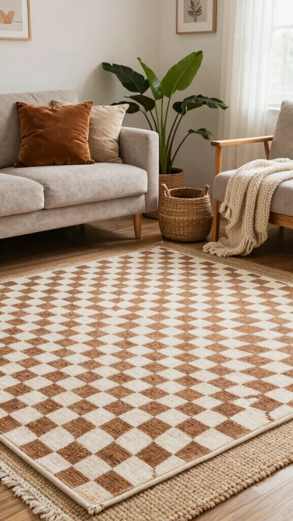 10 Checkered Rug Living Room Ideas for a Playful and Modern Statement - 5. Layered Textures 1