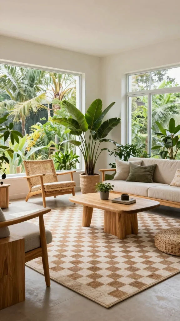 10 Checkered Rug Living Room Ideas for a Playful and Modern Statement - 6. Outdoor-Indoor Flow 1