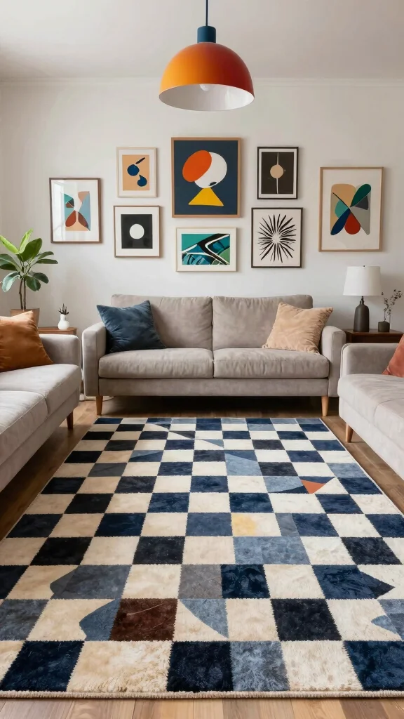 10 Checkered Rug Living Room Ideas for a Playful and Modern Statement - 7. Artistic Expression 1