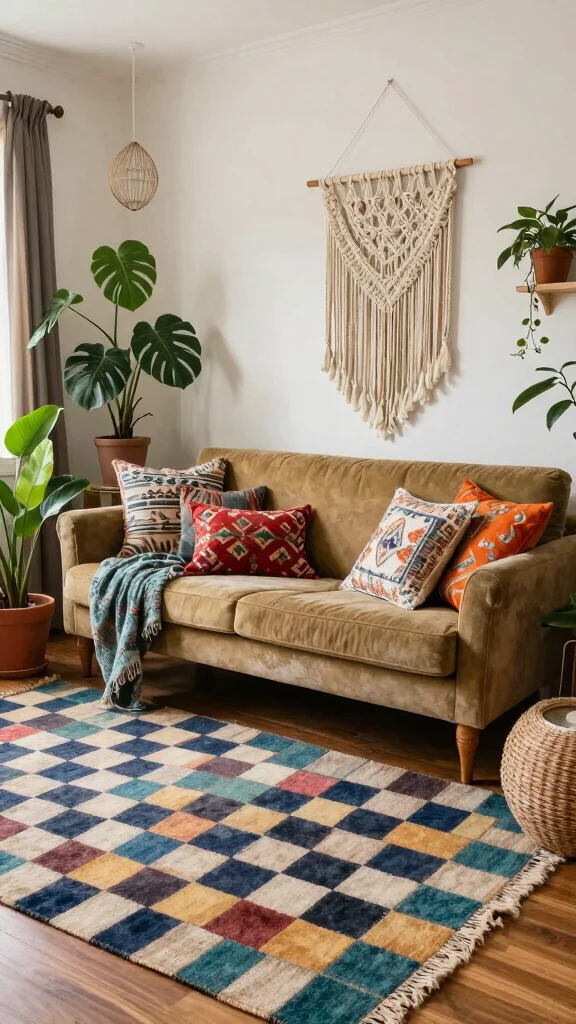 10 Checkered Rug Living Room Ideas for a Playful and Modern Statement - 8. Boho Chic Vibes 1