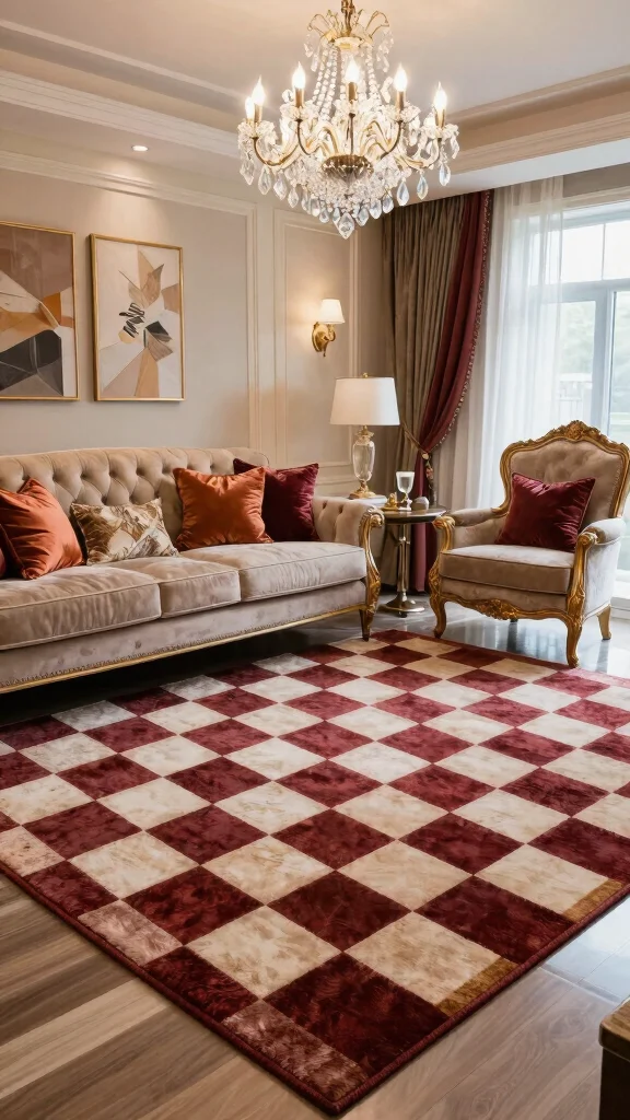 10 Checkered Rug Living Room Ideas for a Playful and Modern Statement - 9. Sophisticated Elegance 1