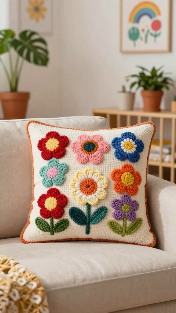 10 Crochet Flower Pillow Pattern Free Ideas for Sweet and Cozy Handmade Decor - 4. Whimsical Wildflower Pillow 1