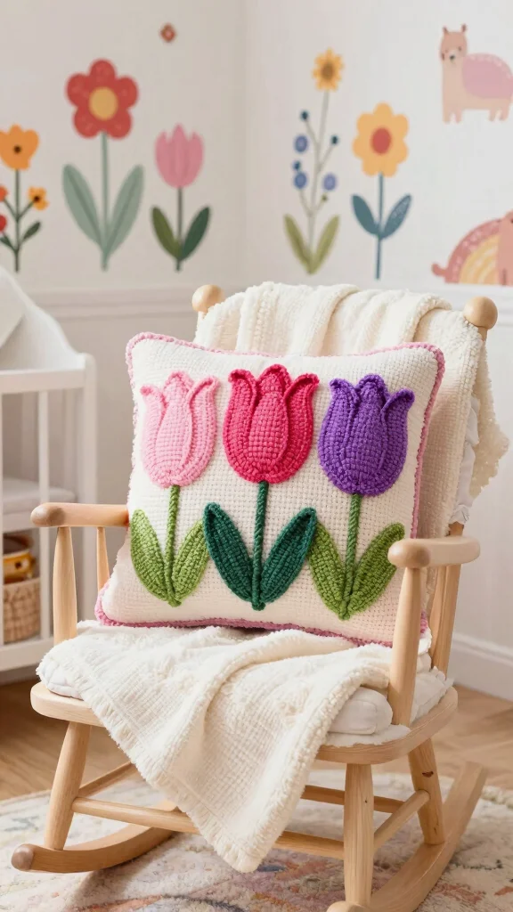 10 Crochet Flower Pillow Pattern Free Ideas for Sweet and Cozy Handmade Decor - 8. Blooming Tulip Pillow 1