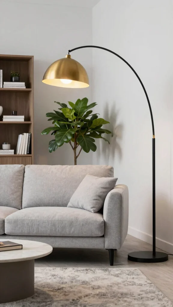 10 Floor Lamp Behind Couch Ideas for Better Lighting and Style - 2. Arc Floor Lamp for Dynamic Lighting 1