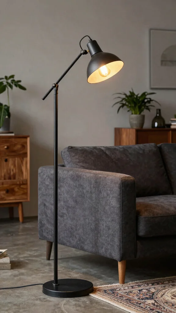 10 Floor Lamp Behind Couch Ideas for Better Lighting and Style - 4. Industrial Floor Lamp for a Rugged Touch 1