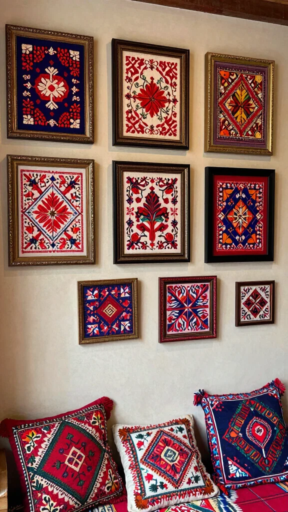 10 Framed Embroidery Wall Art Ideas for Soft and Elegant Handmade Decor - 5. Ethnic Textile Patterns 1