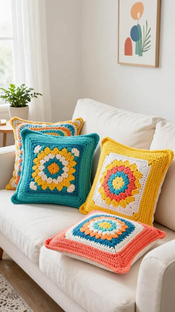 10 Knitted Pillow Covers Ideas for Cozy and Textured Home Styling - 2. Colorful Crochet Creations 1
