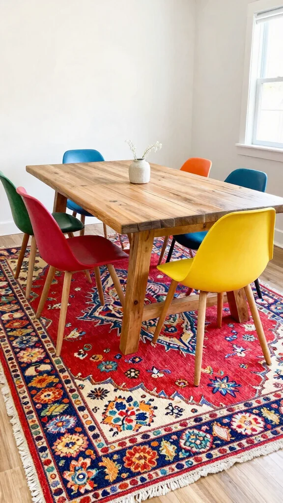 10 Rug Under Dining Table Ideas for Better Proportion and Style - 2. Colorful Bohemian Prints 1