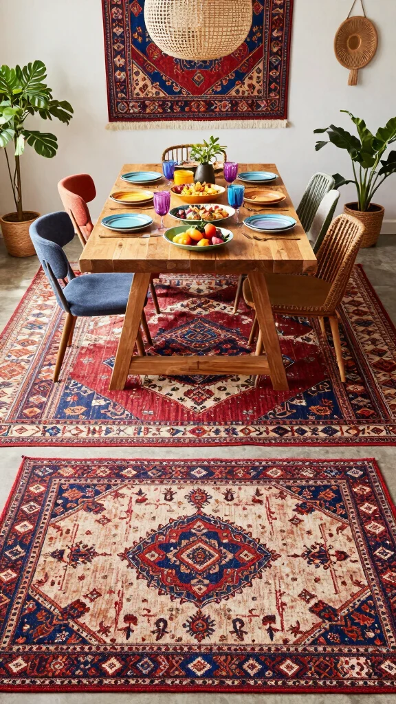 10 Rug Under Dining Table Ideas for Better Proportion and Style - 5. Eclectic Mix and Match 1