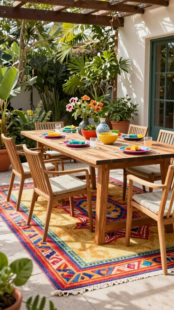 10 Rug Under Dining Table Ideas for Better Proportion and Style - 9. Outdoor-Inspired Rugs 1