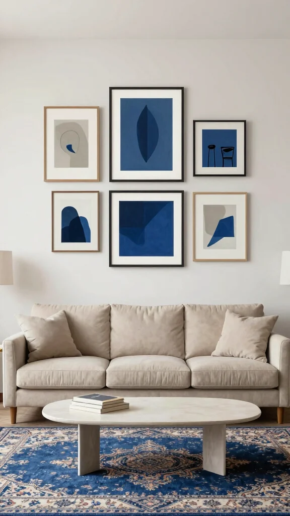11 Blue Persian Rug Ideas for a Calm and Elegant Statement - 4. The Minimalist Gallery Wall 1