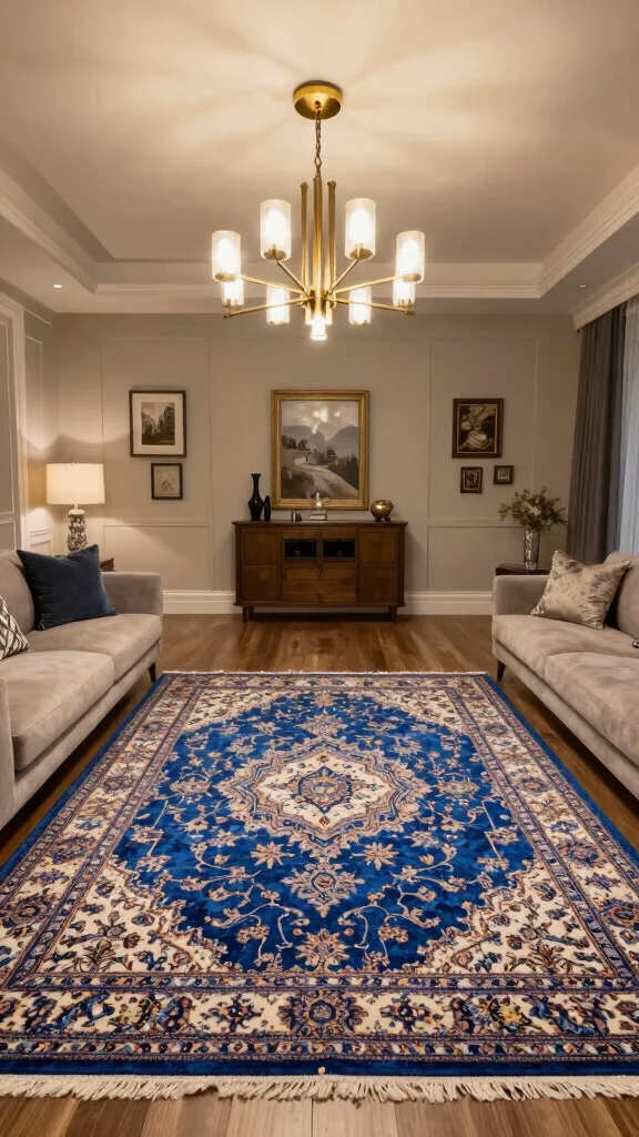 11 Blue Persian Rug Ideas for a Calm and Elegant Statement - 6. Statement Lighting 1
