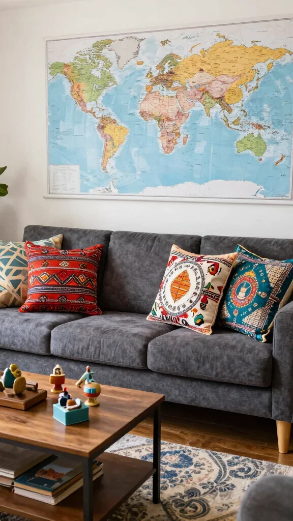 11 Dark Grey Couch Pillow Ideas to Make Your Living Room Feel More Inviting - 10. Travel-Inspired Accents 1
