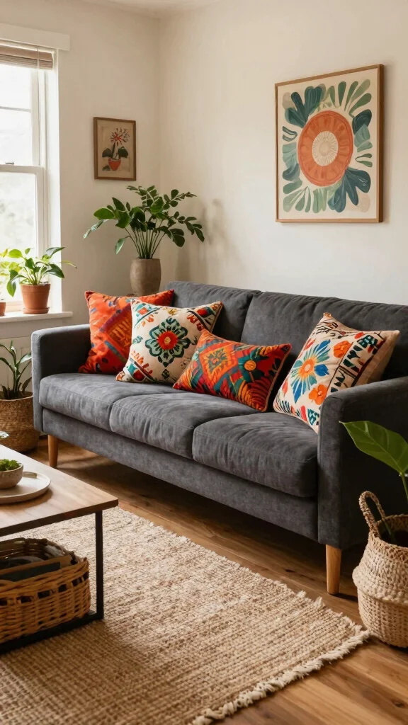 11 Dark Grey Couch Pillow Ideas to Make Your Living Room Feel More Inviting - 3. Boho-Inspired Prints 1