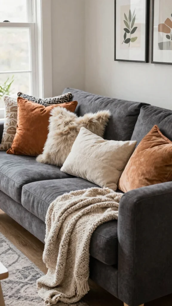 11 Dark Grey Couch Pillow Ideas to Make Your Living Room Feel More Inviting - 6. Playful Textures 1