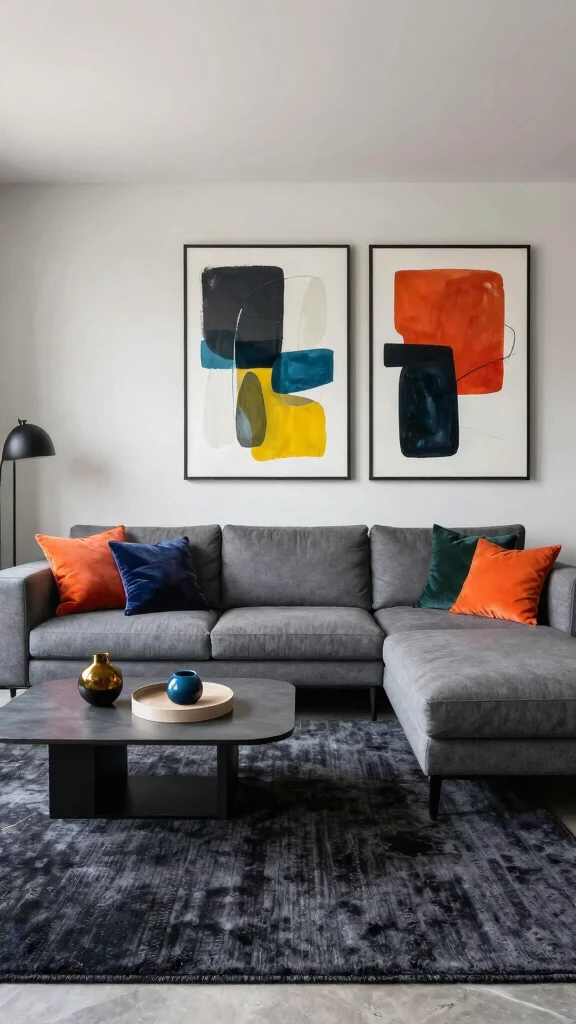 11 Dark Rug Living Room Ideas for a Bold and Sophisticated Look - 8. Modern Artistry: Artistic Elements in Dark Rug Rooms 1