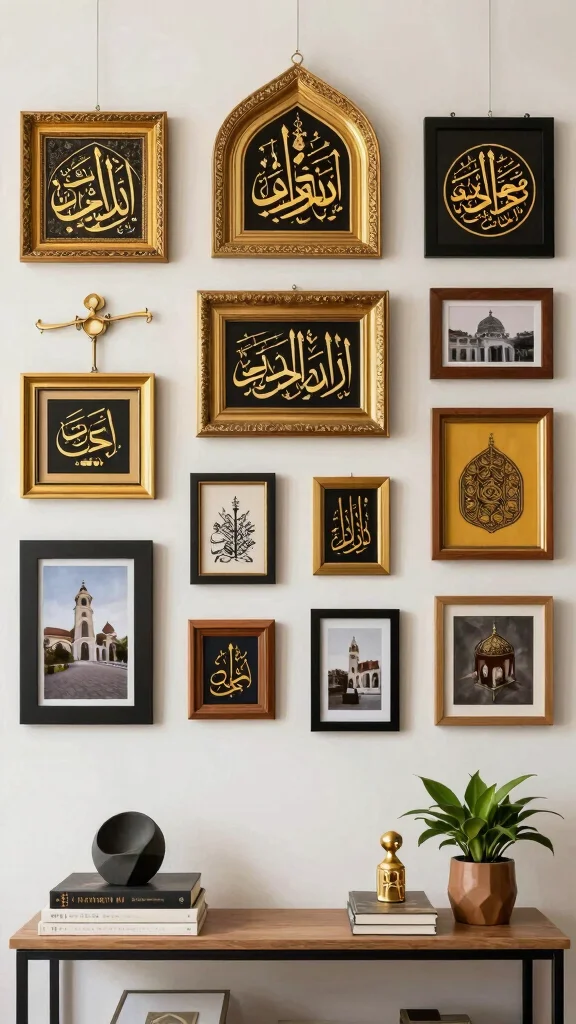 11 Islamic Frames Wall Art Ideas for Elegant and Meaningful Home Decor - 5. Gallery Wall Featuring Mixed Media Islamic Art 1