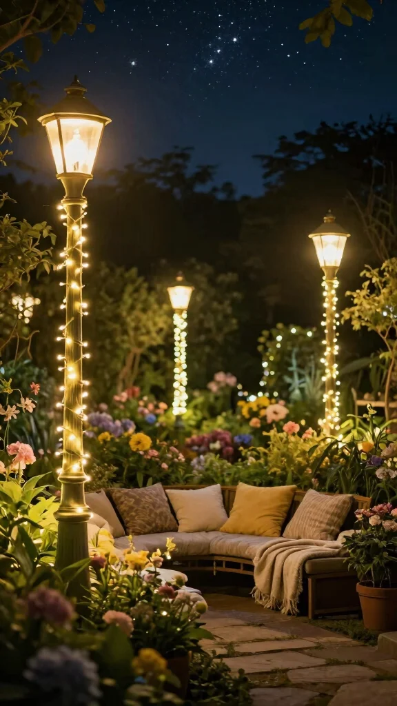 11 Outdoor Lamp Post Ideas to Add Charm and Light to Your Exterior - 8. Twinkling Fairy Light Posts 1