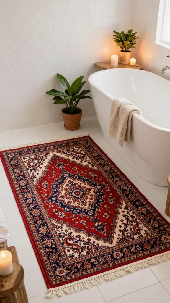 11 Persian Rug Background Ideas for Art, Decor, and Visual Inspiration - 9. Layered in the Bathroom 1