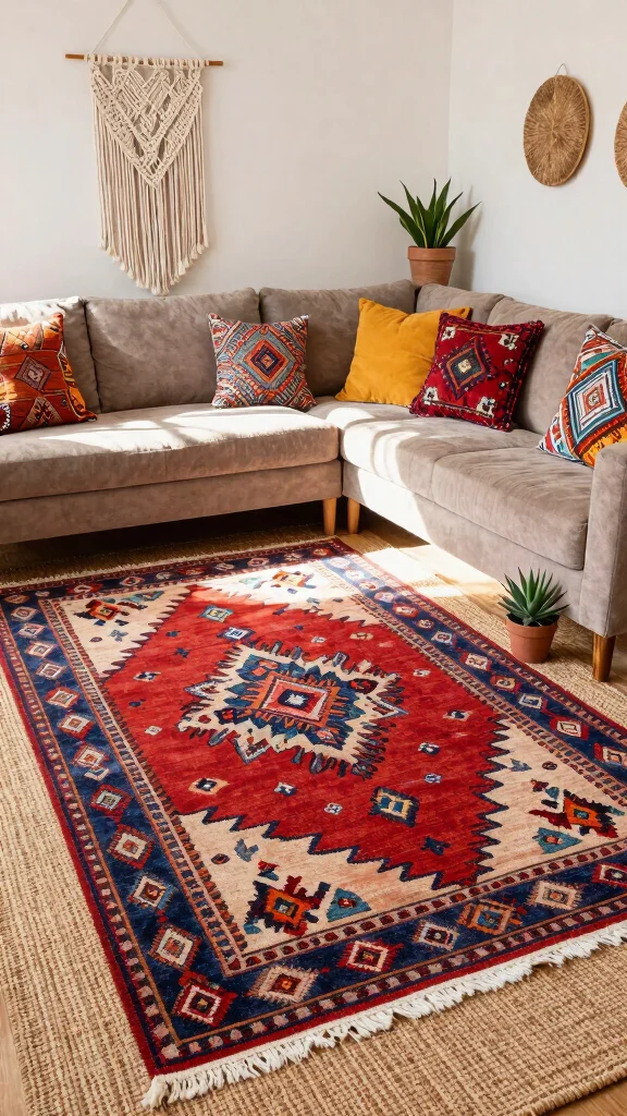 11 Rug Layering Living Room Ideas for Added Texture and Depth - 1. Mix Patterns for a Boho Vibe 1