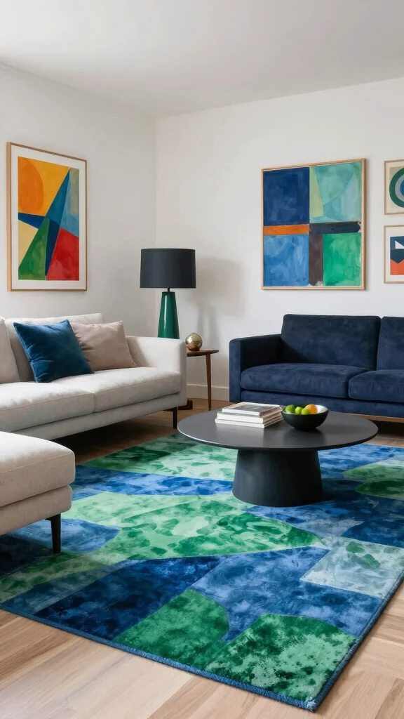 12 Blue and Green Rug Ideas for a Colorful Yet Balanced Home Style - 11. Artistic Flair: Abstract Blue and Green Rugs 1