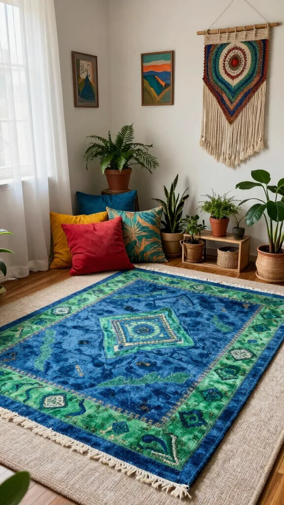 12 Blue and Green Rug Ideas for a Colorful Yet Balanced Home Style - 5. Boho Chic: Handmade Blue and Green Rugs 1