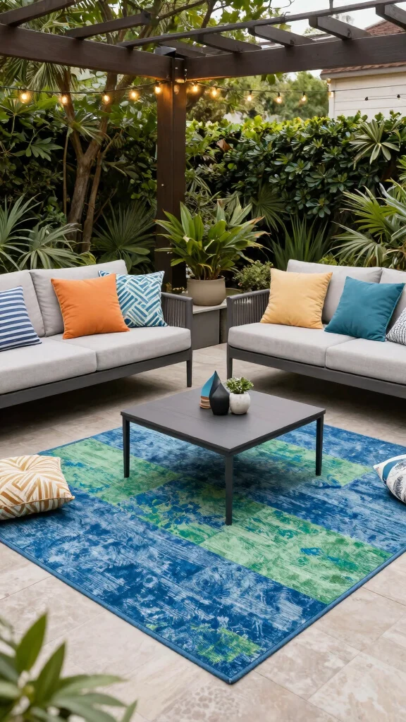 12 Blue and Green Rug Ideas for a Colorful Yet Balanced Home Style - 6. Outdoor Elegance: Weather-resistant Blue and Green Rugs 1