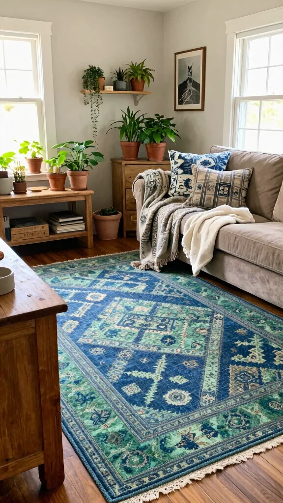 12 Blue and Green Rug Ideas for a Colorful Yet Balanced Home Style - 9. Farmhouse Charm: Cozy Blue and Green Rugs 1