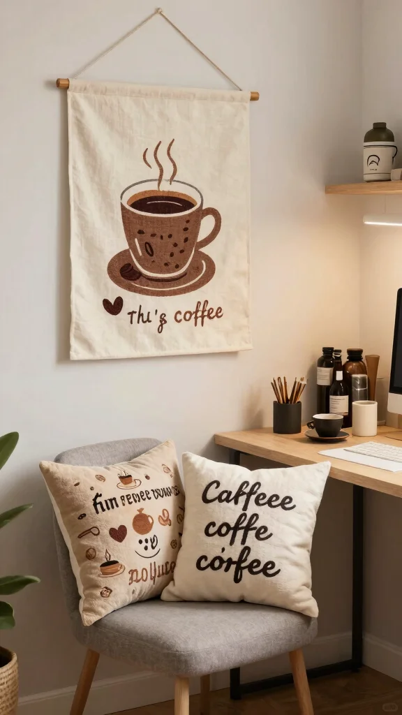 12 Cafe Wall Art Creative Ideas to Bring Coffeehouse Charm Home - 10. Coffee-Themed Textiles 1