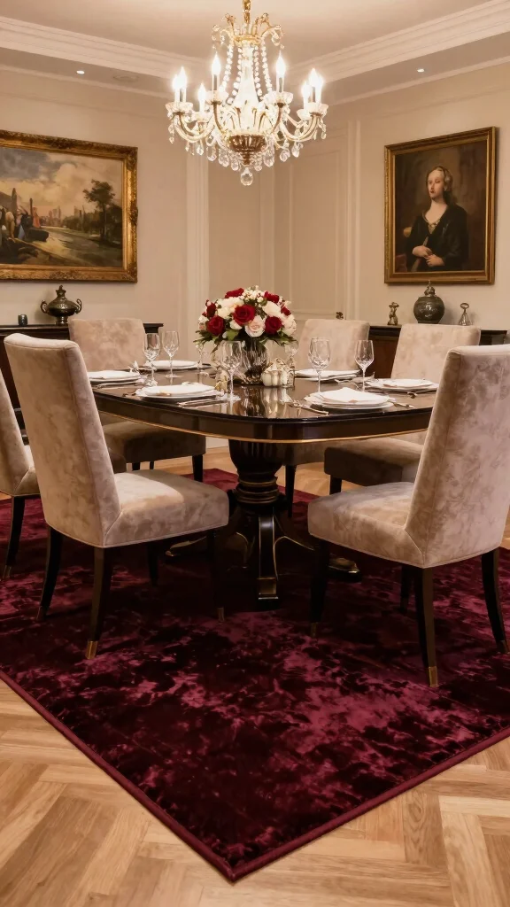 12 Dining Room Rug Ideas to Make Your Eating Space Feel Complete - 11. Soft Velvet Rugs for Luxurious Dining Spaces 1