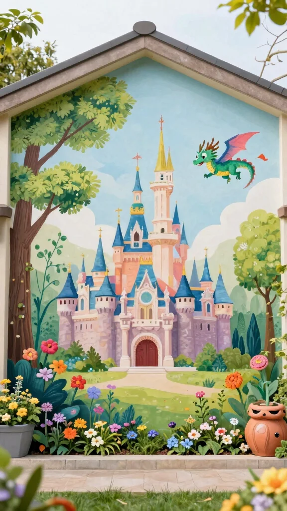 12 Garden Mural Outdoor Wall Art Ideas to Transform a Plain Backyard Wall - 6. Whimsical Fairy Tale Scenes 1