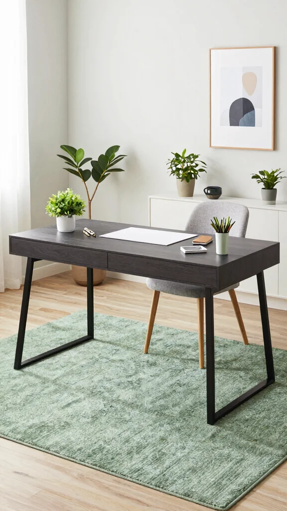 12 Green Rug Living Room Ideas for a Fresh and Stylish Space - 11. Eco-Chic Home Office Integration 1