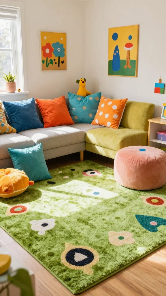 12 Green Rug Living Room Ideas for a Fresh and Stylish Space - 12. Playful Patterns for Kid-Friendly Spaces 1