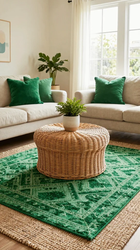12 Green Rug Living Room Ideas for a Fresh and Stylish Space - 3. Eco-Friendly Jute and Green Combo 1