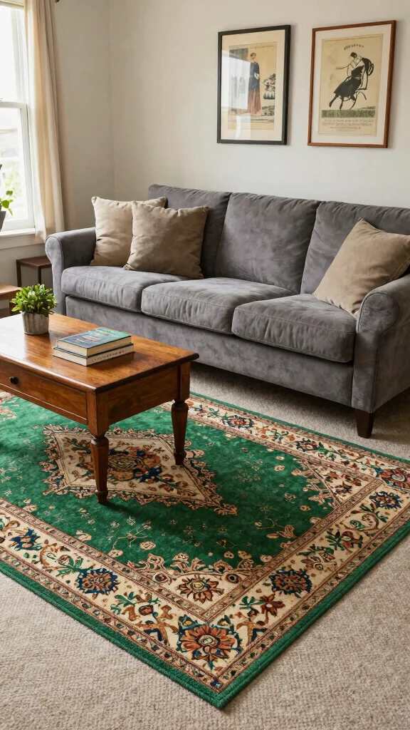 12 Green Rug Living Room Ideas for a Fresh and Stylish Space - 6. Vintage Charm and Green Shades 1