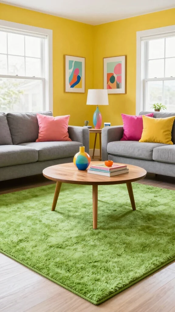 12 Green Rug Living Room Ideas for a Fresh and Stylish Space - 8. Colorful Accents with Green Rugs 1