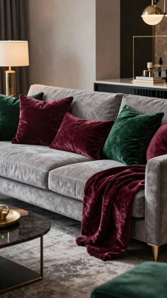 12 Grey Sofa Pillow Ideas That Add Contrast, Texture, and Warmth - 4. Soft Velvet for Luxe Appeal 1